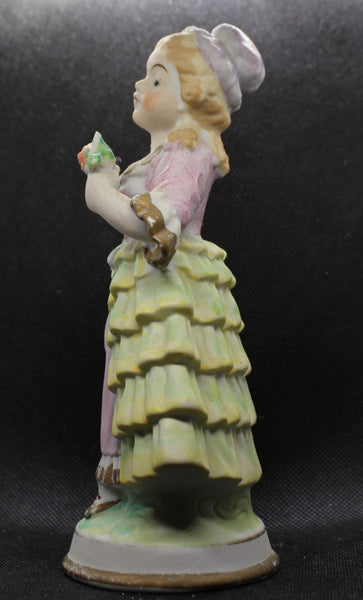 Vintage Mid-Century Lady In Victorian Garb With Flowers Porcelain Figurine From Occupied Japan