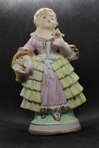Vintage Mid-Century Lady In Victorian Garb With Flowers Porcelain Figurine From Occupied Japan