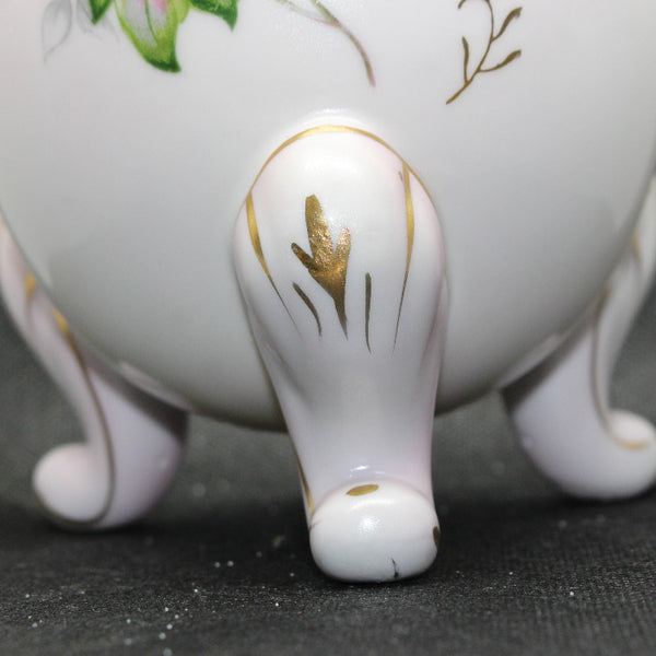 Vintage Porcelain Egg Shaped Vase or Container with Flowers and Gold Trim