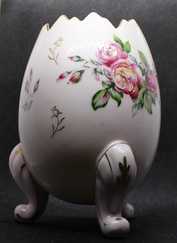 Vintage Porcelain Egg Shaped Vase or Container with Flowers and Gold Trim