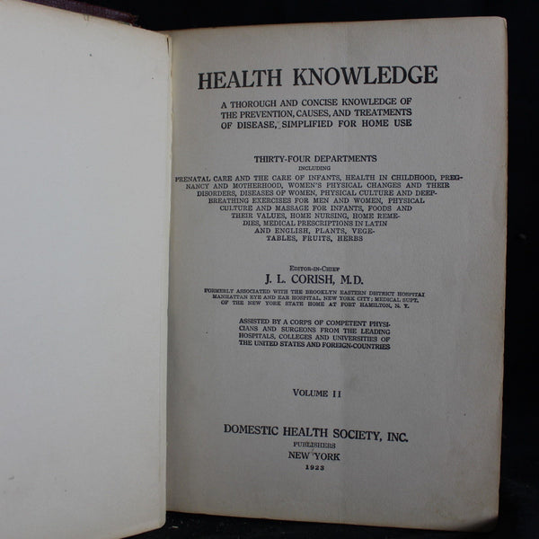Vintage Hardcover Health Knowledge - A Thorough and Concise Knowledge of the Prevention, Causes, and Treatments of Disease, Simplified for Home Use Volume 2, 1923