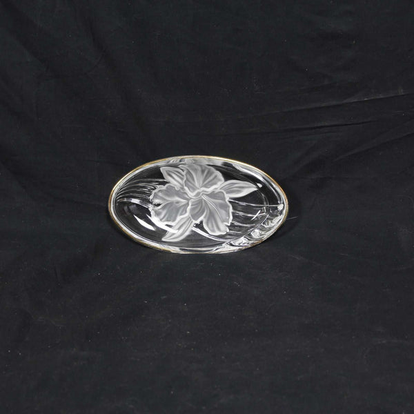 Vintage Clear Heavy Glass Bowl With Raised Frosted Roses and Gold Rim