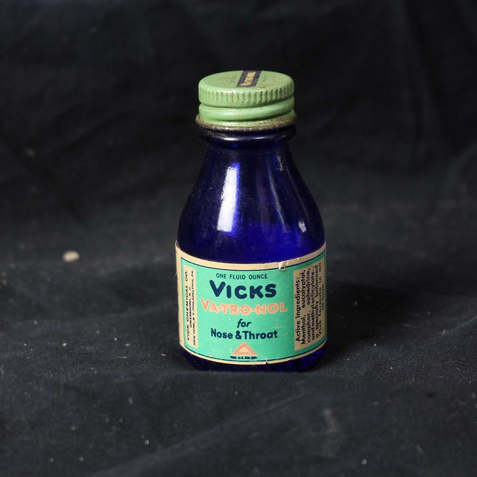 Vintage Vicks Va-Tro-Nol Cobalt Blue Bottle w Label Front