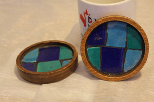 Vintage Round Mosaic Coasters - Blue, Green & Wood