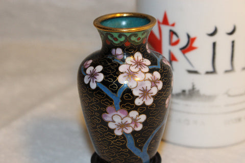 Vintage Miniature Asian Jingfa Cloisonne Vase with Stand With Flowers