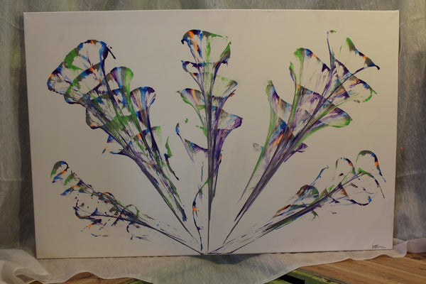 Original flower painting in purple, blues and greens