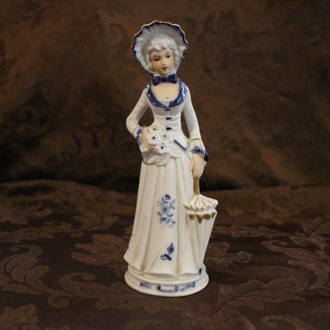 Vintage Capodimonte Italian Porcelain Girl with Parasol Cobalt Blue/White/Gold