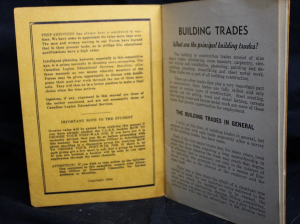 Vintage Canadian Legion Education Pamphlet Let's Consider Jobs - Building Trades 1944