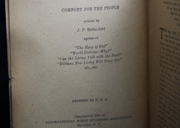 Folleto antiguo de la Asociación Internacional de Estudiantes de la Biblia - Consuelo para la gente - 1925