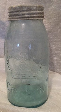 SOLD! Crown Aqua Blue Mason/Canning Jar, Glass Cover With Zinc Lid, Pre 1928, Collectable Vintage